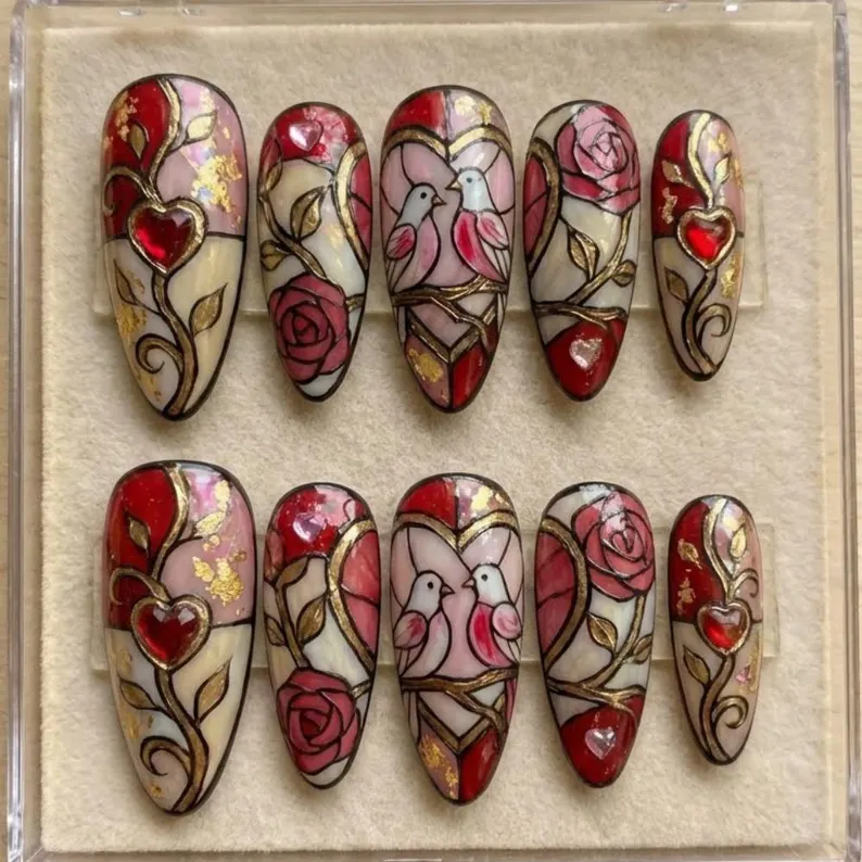 Hand-Painted Stained Glass Press On Nails, Rose Lovebird Nail Art
