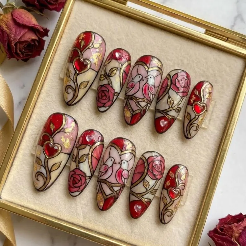 Hand-Painted Stained Glass Press On Nails, Rose Lovebird Nail Art - Media 2