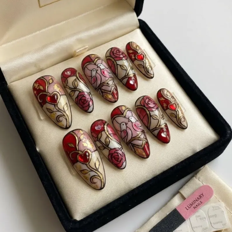 Hand-Painted Stained Glass Press On Nails, Rose Lovebird Nail Art - Media 3