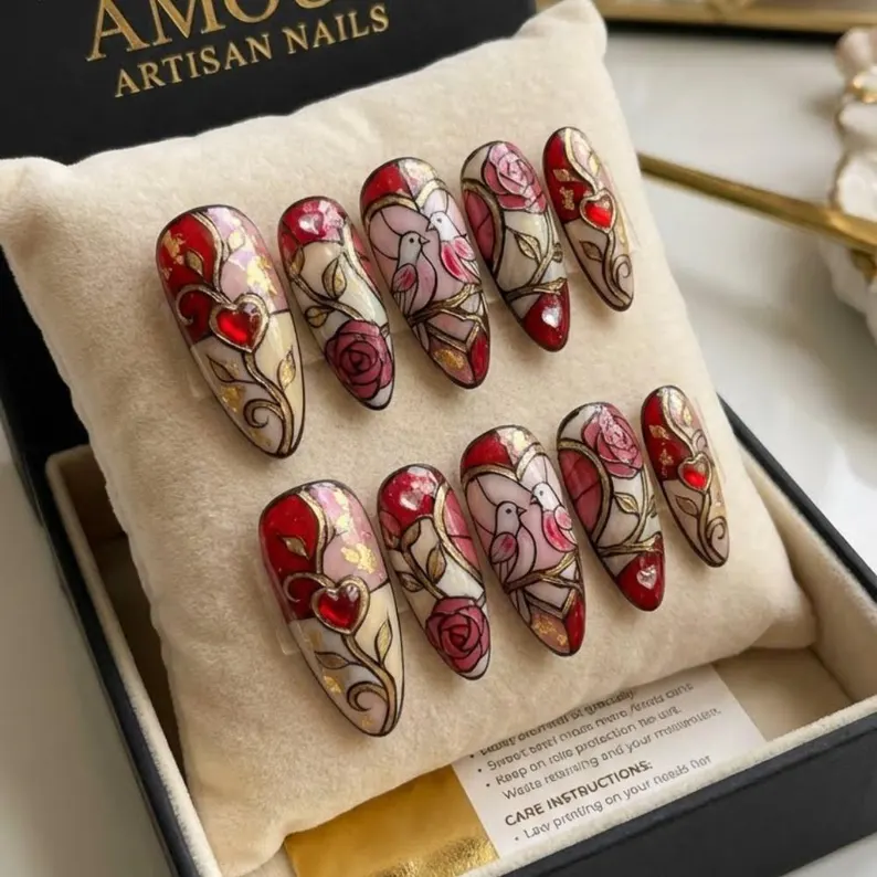 Hand-Painted Stained Glass Press On Nails, Rose Lovebird Nail Art - Media 4