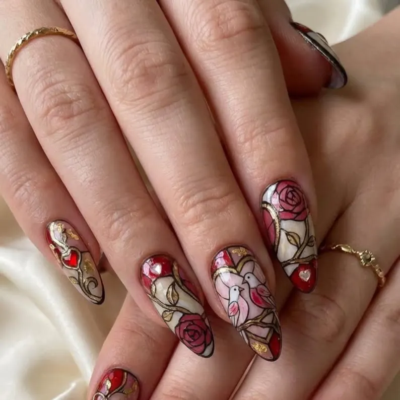 Hand-Painted Stained Glass Press On Nails, Rose Lovebird Nail Art - Media 5