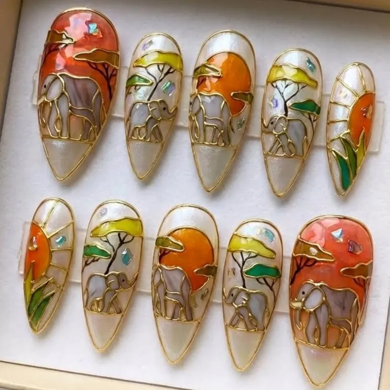 Hand-Painted African Sunset Press On Nails, Cloisonné Elephant Nail Art