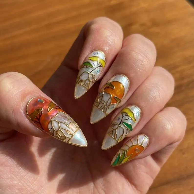 Hand-Painted African Sunset Press On Nails, Cloisonné Elephant Nail Art - Media 2