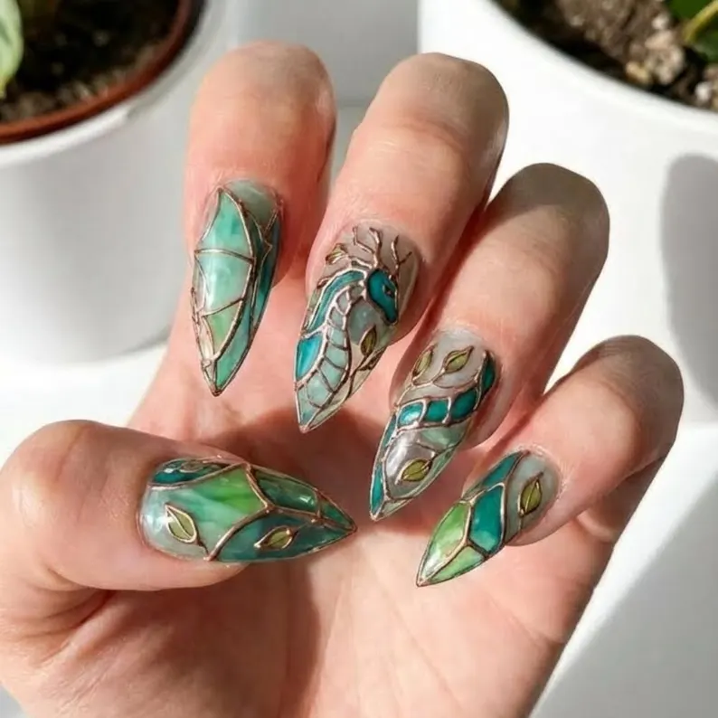 Hand-Painted Emerald Sea Dragon Press On Nails, Stained Glass Mosaic Nail Art
