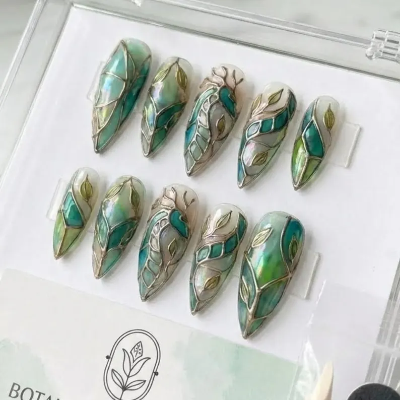 Hand-Painted Emerald Sea Dragon Press On Nails, Stained Glass Mosaic Nail Art - Media 2