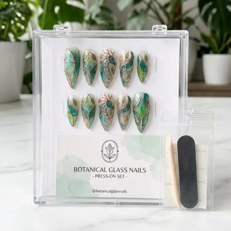 Hand-Painted Emerald Sea Dragon Press On Nails, Stained Glass Mosaic Nail Art - Media 3