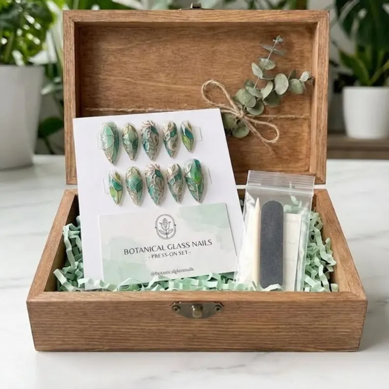 Hand-Painted Emerald Sea Dragon Press On Nails, Stained Glass Mosaic Nail Art - Media 4