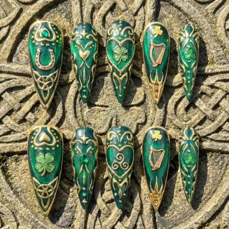 Emerald Green Stiletto Press On Nails, Celtic 3D Gold Irish Nail Art