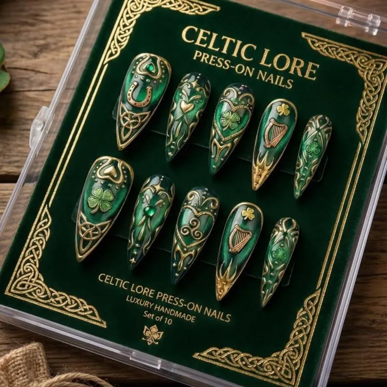 Emerald Green Stiletto Press On Nails, Celtic 3D Gold Irish Nail Art - Media 3