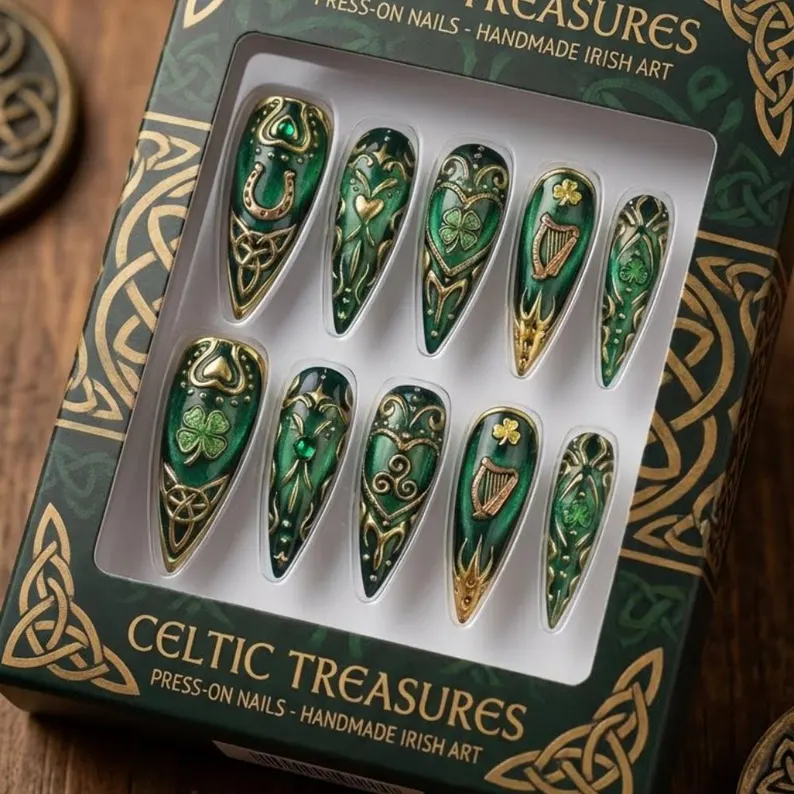 Emerald Green Stiletto Press On Nails, Celtic 3D Gold Irish Nail Art - Media 5