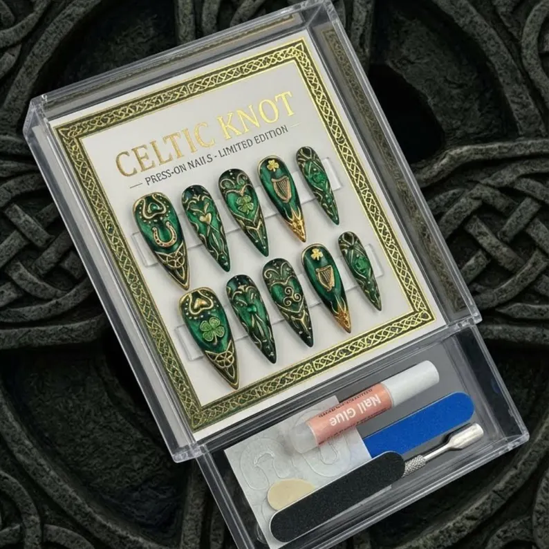 Emerald Green Stiletto Press On Nails, Celtic 3D Gold Irish Nail Art - Media 6