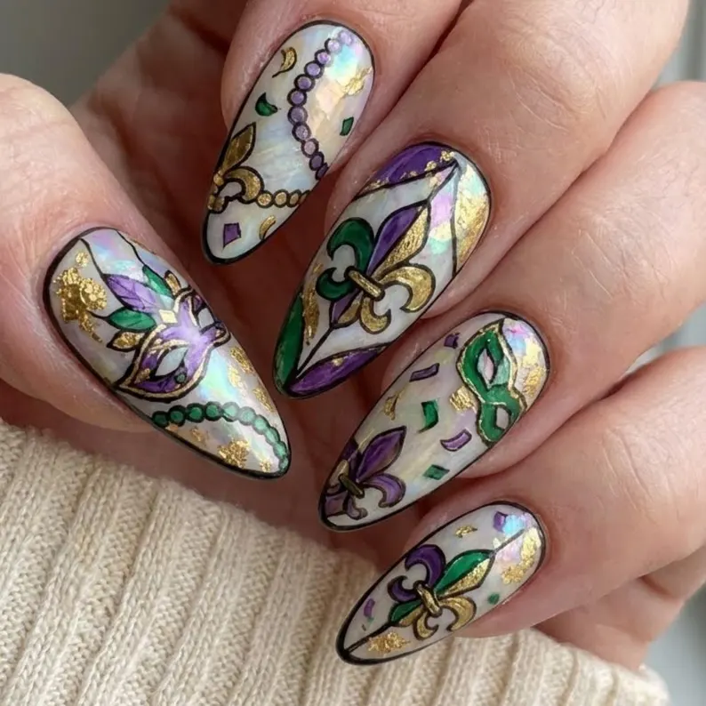 Handmade Mardi Gras Press On Nails, Gold Fleur de Lis, Masquerade Mask