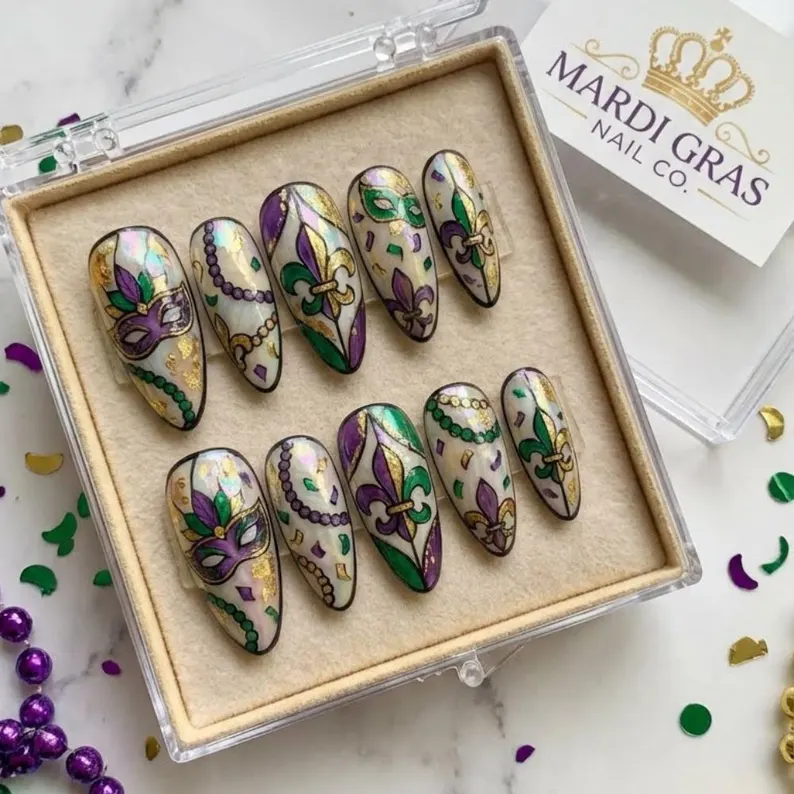 Handmade Mardi Gras Press On Nails, Gold Fleur de Lis, Masquerade Mask - Media 3
