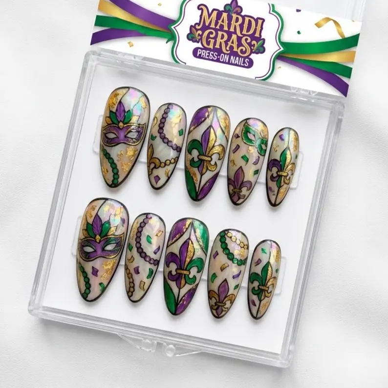 Handmade Mardi Gras Press On Nails, Gold Fleur de Lis, Masquerade Mask - Media 4