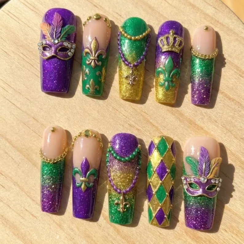 Handmade 3D Mardi Gras Press On Nails, Fleur de Lis, Masquerade