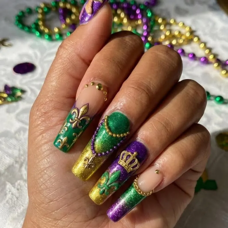 Handmade 3D Mardi Gras Press On Nails, Fleur de Lis, Masquerade - Media 2