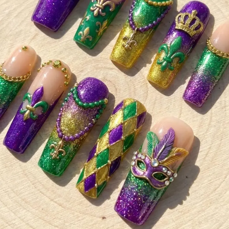 Handmade 3D Mardi Gras Press On Nails, Fleur de Lis, Masquerade - Media 3