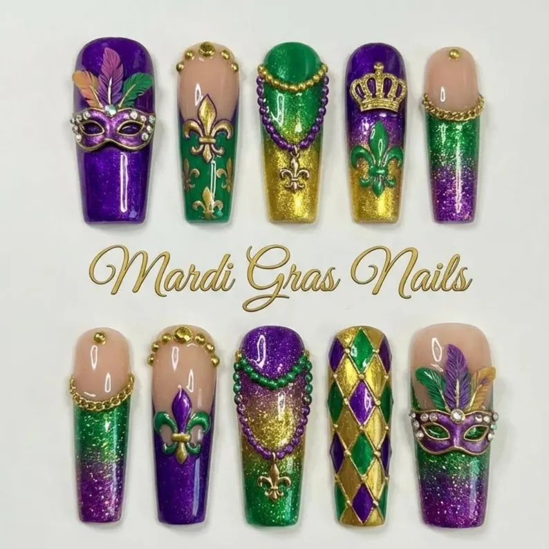 Handmade 3D Mardi Gras Press On Nails, Fleur de Lis, Masquerade - Media 4