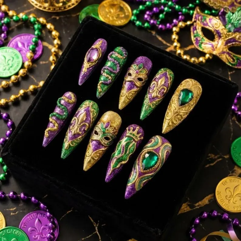 3D Mardi Gras Press On Nails | Masquerade, Fleur De Lis Stiletto Nails - Media 2