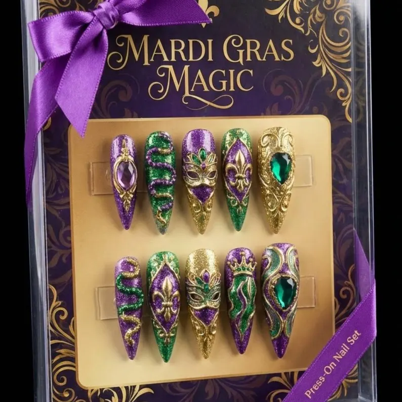 3D Mardi Gras Press On Nails | Masquerade, Fleur De Lis Stiletto Nails - Media 3
