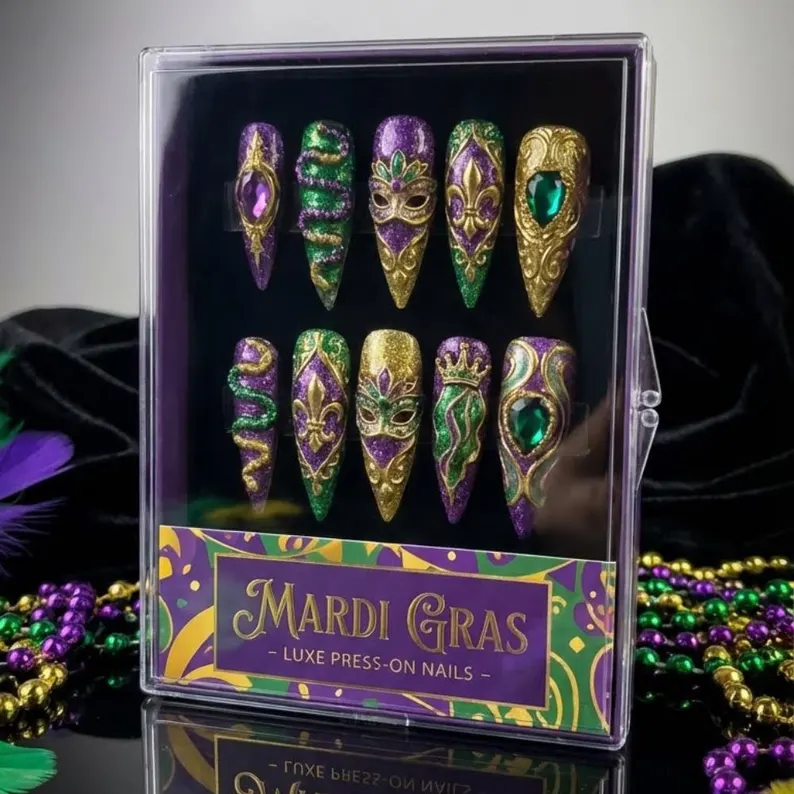 3D Mardi Gras Press On Nails | Masquerade, Fleur De Lis Stiletto Nails - Media 4