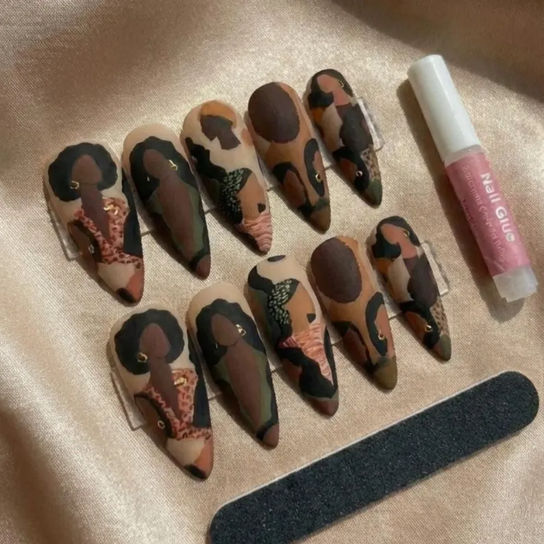 Hand-Painted Black Woman Portrait Press On Nails, Earthy Tone Almond Nails