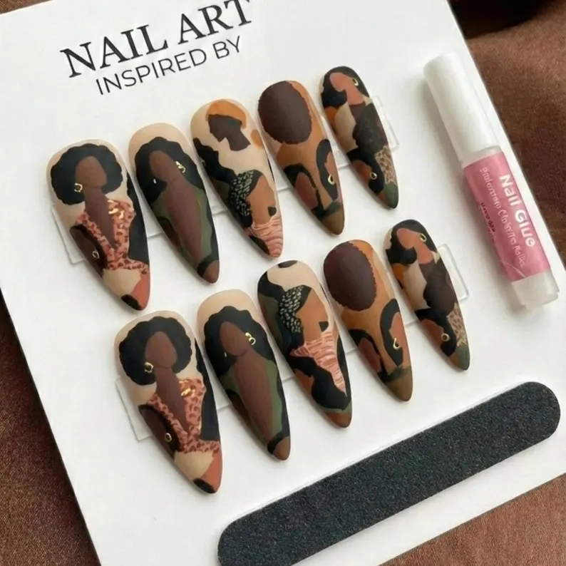 Hand-Painted Black Woman Portrait Press On Nails, Earthy Tone Almond Nails - Media 2