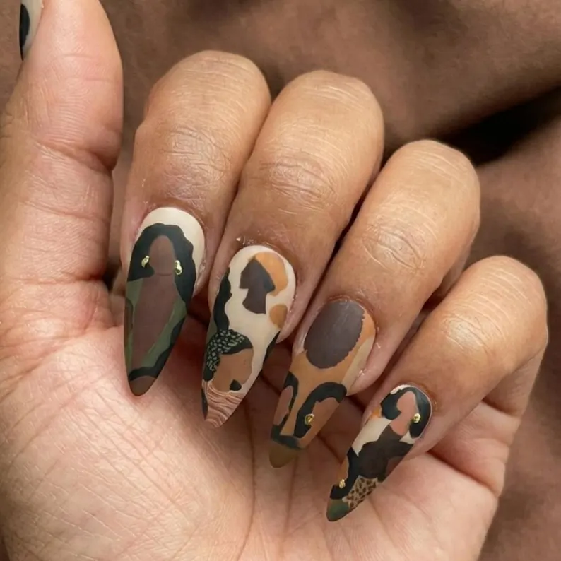 Hand-Painted Black Woman Portrait Press On Nails, Earthy Tone Almond Nails - Media 3