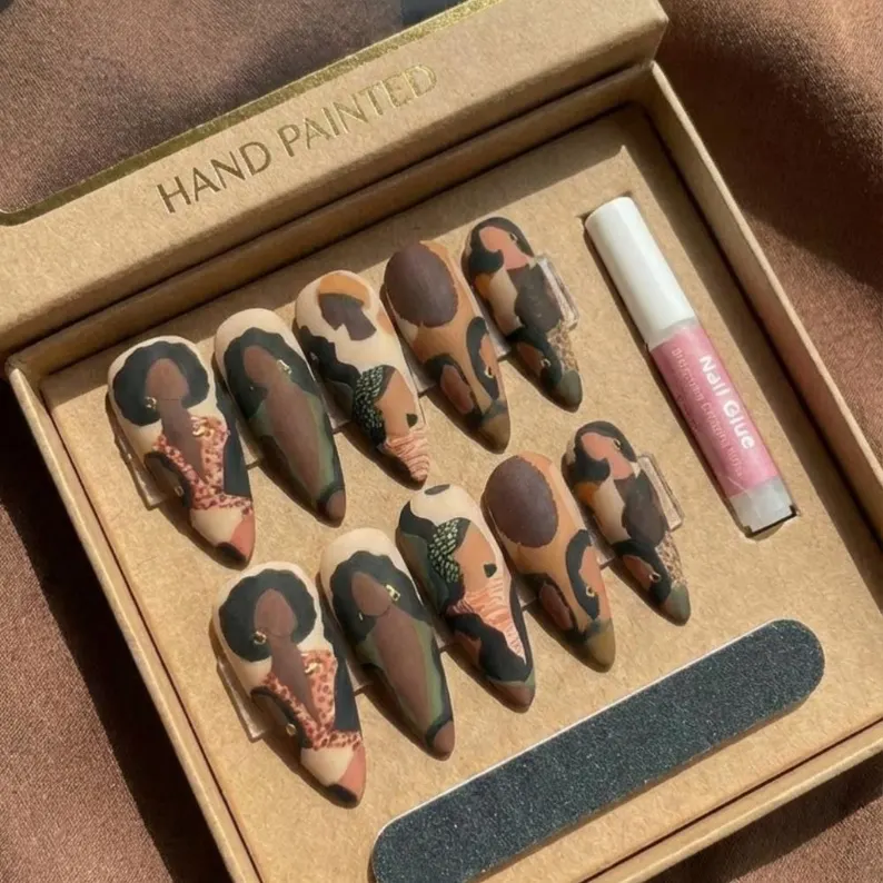 Hand-Painted Black Woman Portrait Press On Nails, Earthy Tone Almond Nails - Media 4