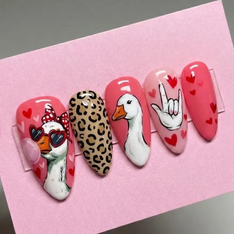 Hand-Painted Silly Goose Press On Nails, Valentine's Day ASL Nail Art