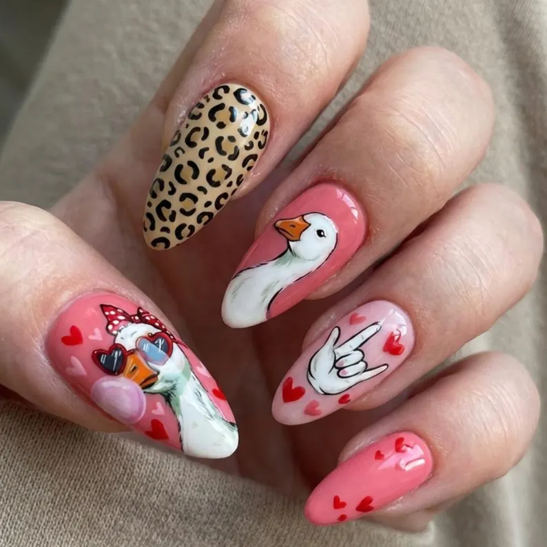Hand-Painted Silly Goose Press On Nails, Valentine's Day ASL Nail Art - Media 2