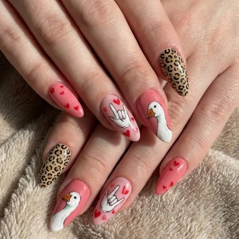 Hand-Painted Silly Goose Press On Nails, Valentine's Day ASL Nail Art - Media 3