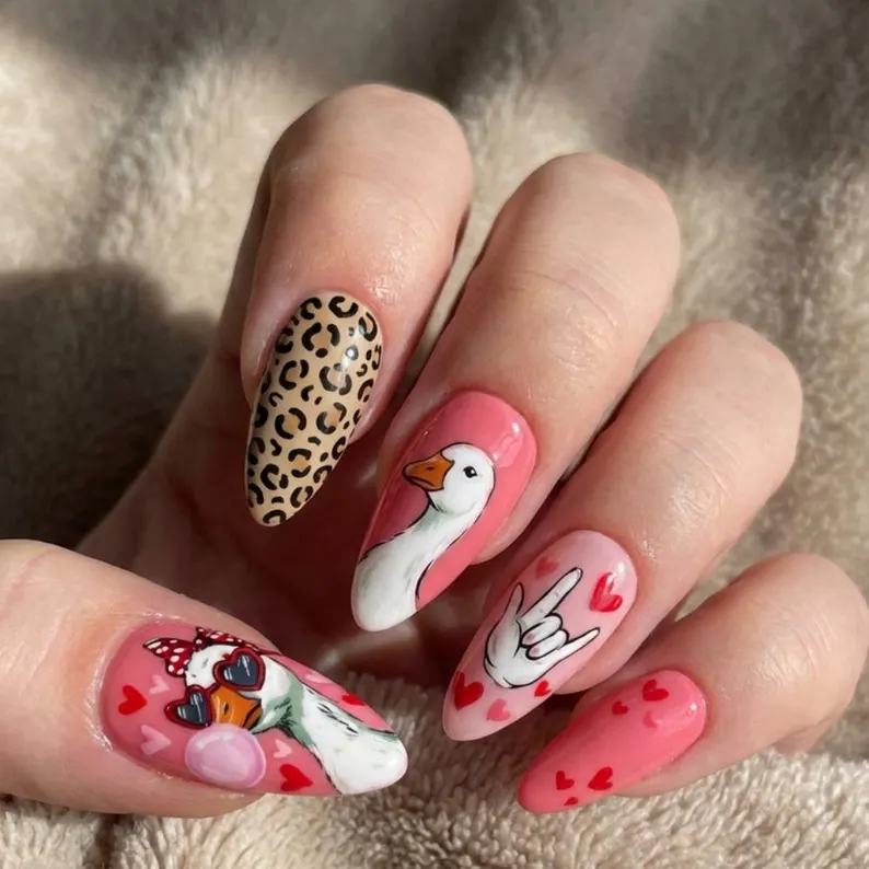 Hand-Painted Silly Goose Press On Nails, Valentine's Day ASL Nail Art - Media 4