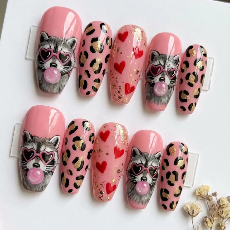 Hand-Painted Raccoon Press On Nails, Pink Leopard Heart Nail Art