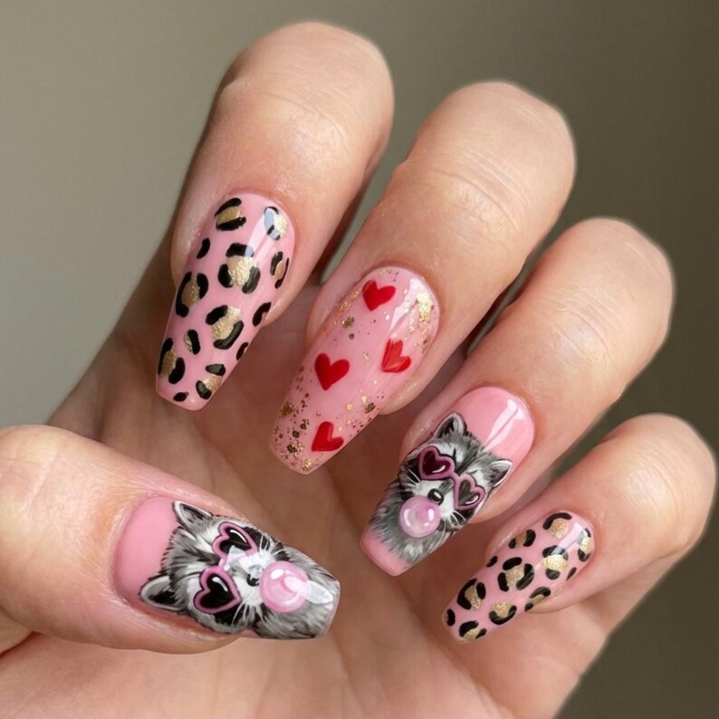 Hand-Painted Raccoon Press On Nails, Pink Leopard Heart Nail Art - Media 2