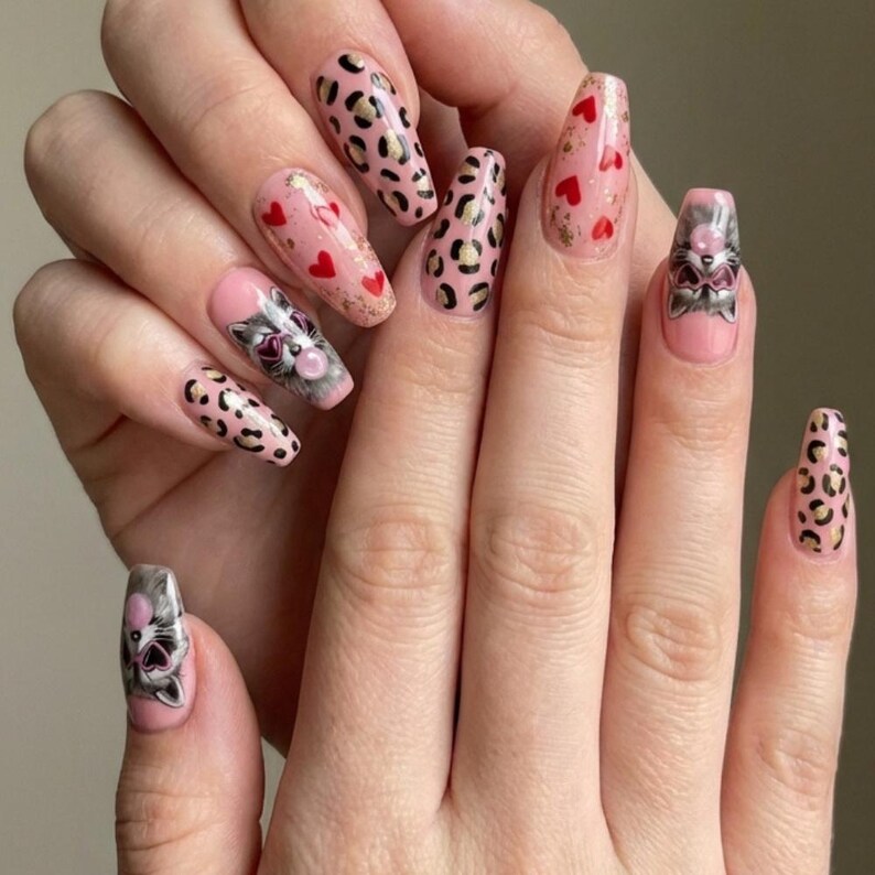 Hand-Painted Raccoon Press On Nails, Pink Leopard Heart Nail Art - Media 3
