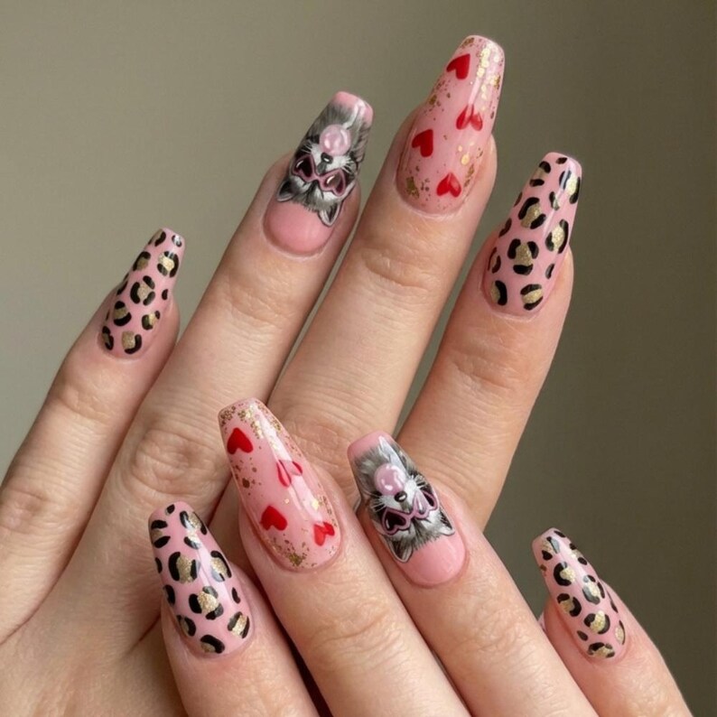Hand-Painted Raccoon Press On Nails, Pink Leopard Heart Nail Art - Media 4