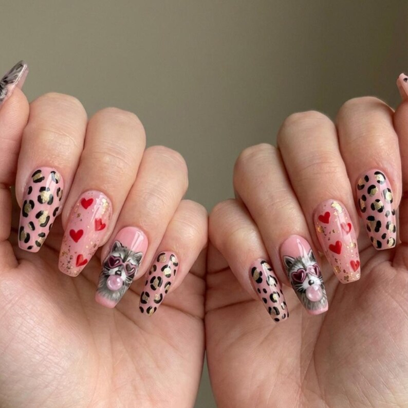 Hand-Painted Raccoon Press On Nails, Pink Leopard Heart Nail Art - Media 5