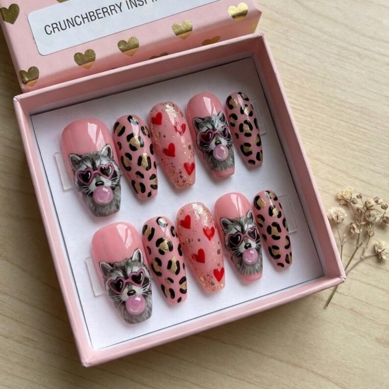 Hand-Painted Raccoon Press On Nails, Pink Leopard Heart Nail Art - Media 6