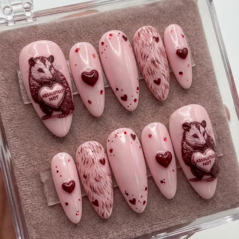 Anti-Valentine Possum Press On Nails, 3D Heart Luxury Gel, Reusable