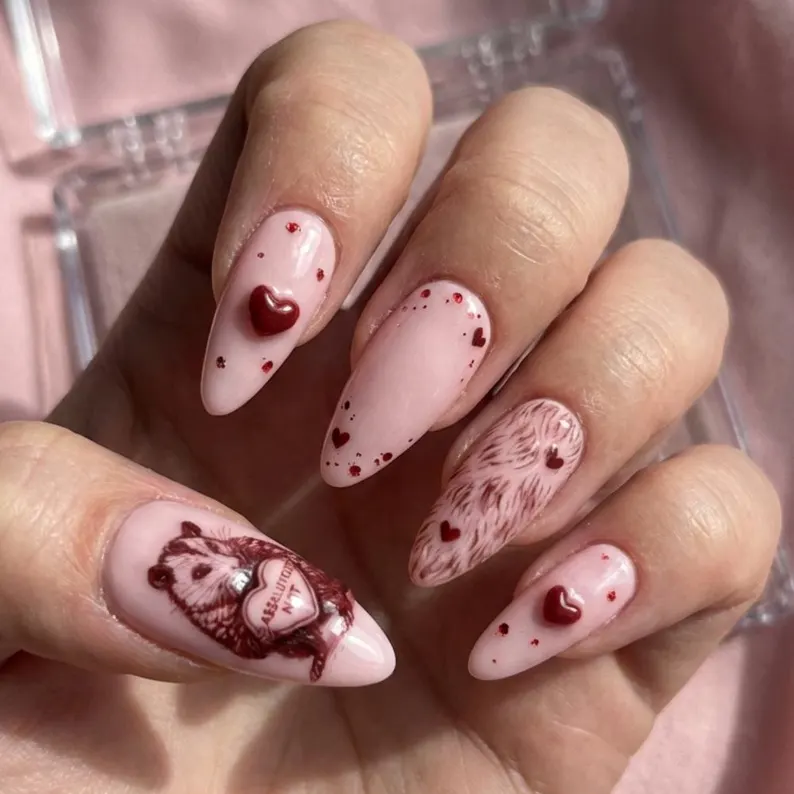 Anti-Valentine Possum Press On Nails, 3D Heart Luxury Gel, Reusable - Media 2