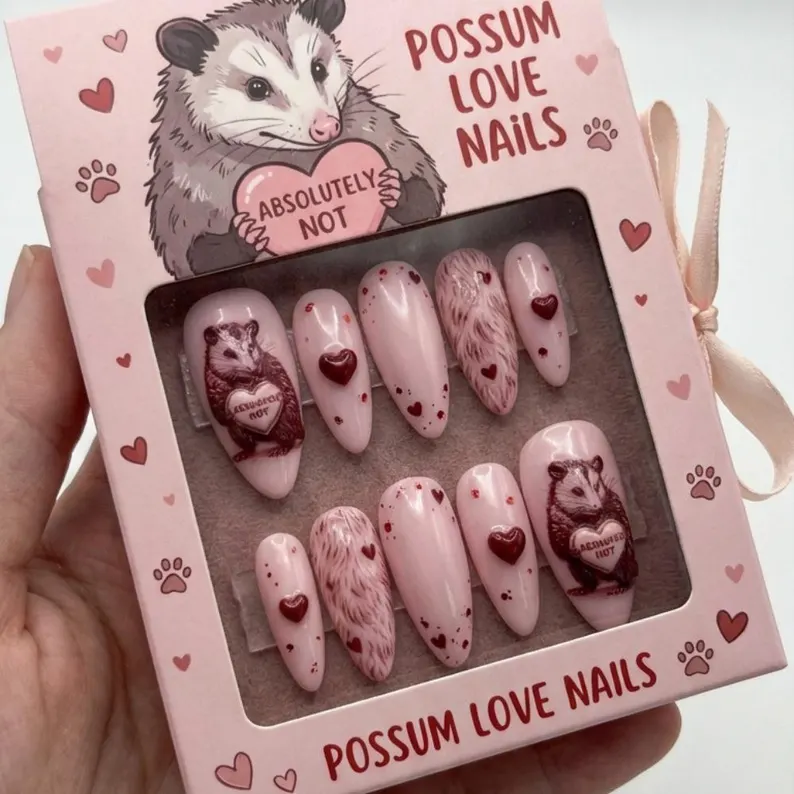 Anti-Valentine Possum Press On Nails, 3D Heart Luxury Gel, Reusable - Media 3