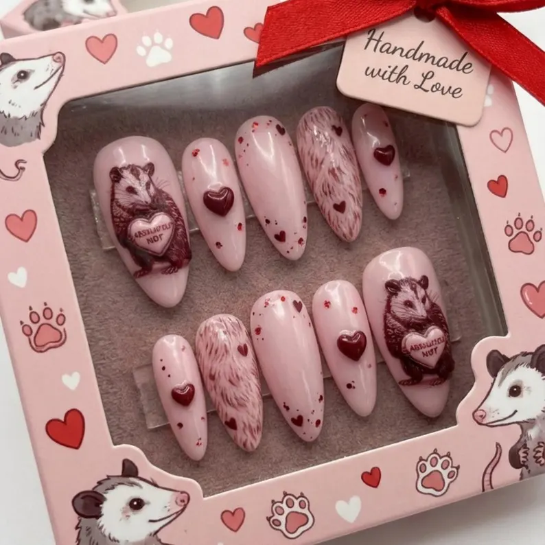 Anti-Valentine Possum Press On Nails, 3D Heart Luxury Gel, Reusable - Media 5