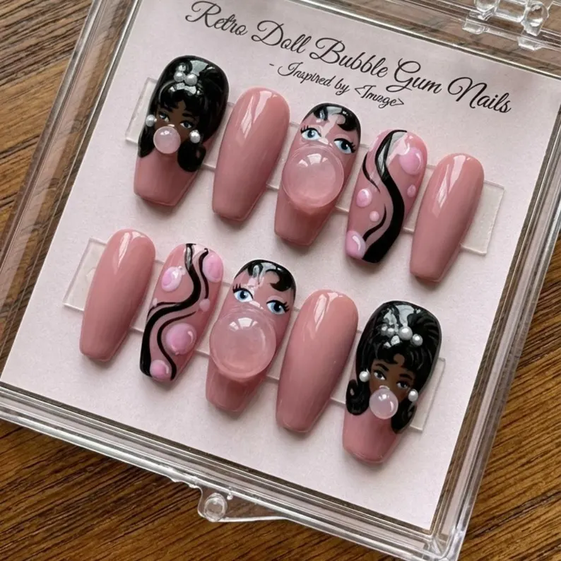 3D Bubble Gum Doll Press On Nails, Hand-Painted Coquette Pearl Nail Art