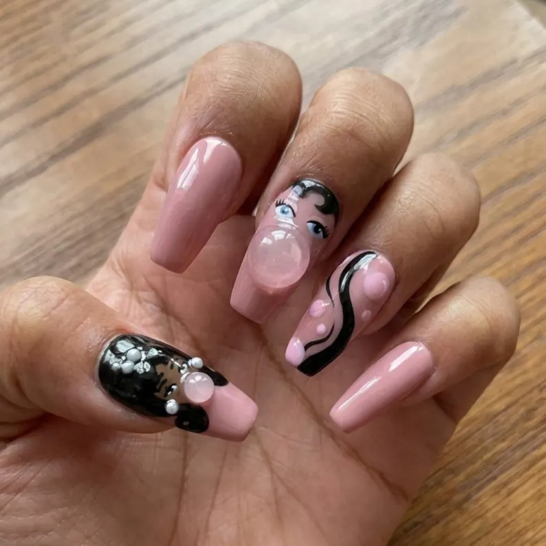3D Bubble Gum Doll Press On Nails, Hand-Painted Coquette Pearl Nail Art - Media 2