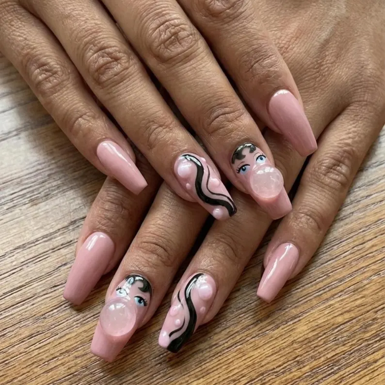 3D Bubble Gum Doll Press On Nails, Hand-Painted Coquette Pearl Nail Art - Media 3