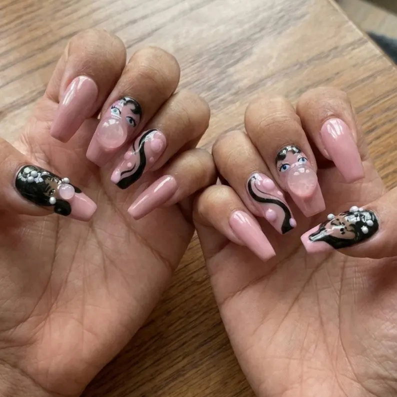 3D Bubble Gum Doll Press On Nails, Hand-Painted Coquette Pearl Nail Art - Media 5