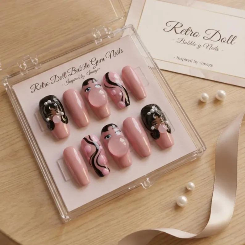 3D Bubble Gum Doll Press On Nails, Hand-Painted Coquette Pearl Nail Art - Media 6