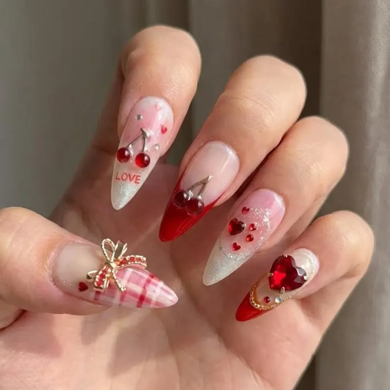 Coquette Valentine Press On Nails, 3D Cherry Bow, Pink Plaid, Handmade