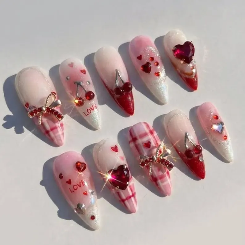 Coquette Valentine Press On Nails, 3D Cherry Bow, Pink Plaid, Handmade - Media 2